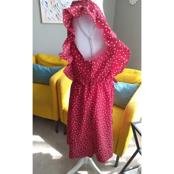 Red polka dot dress sz S pin-up flutter ruffled shoulder’s romantic v-neck chic - Picture 7 of 9